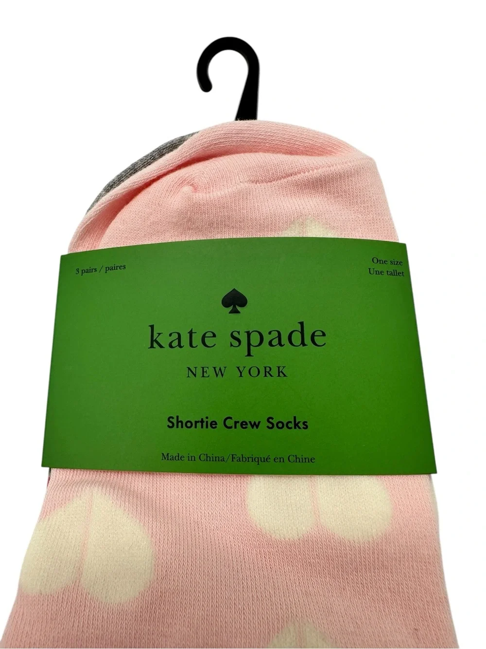 NWT Kate Spade New York Shortie Crew Socks 3 Pack Pink Hearts Gray Stripes